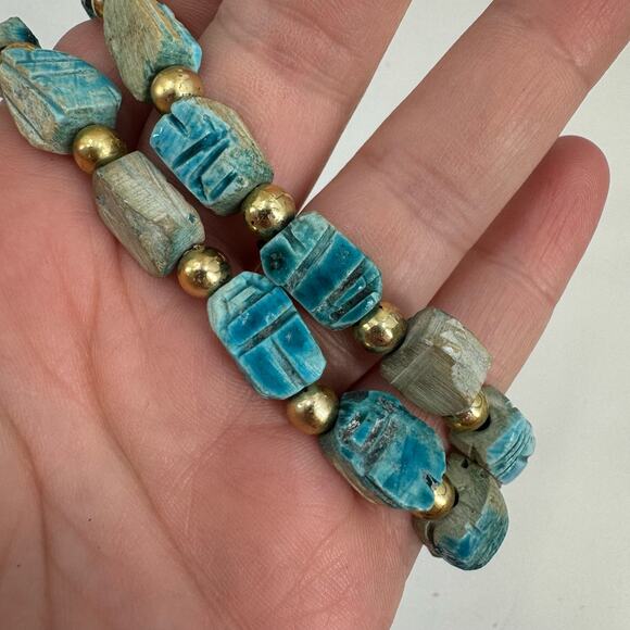 Vintage Scarab Beetle Egyptian Beaded Stone necklace - Picture 4 of 7